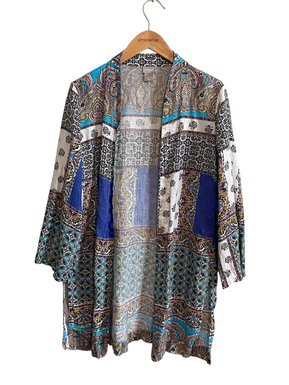 Chico's Linen Patchwork Colorful Paisley Short Sleeve Kimono Topper Top 1/M - Picture 2 of 6